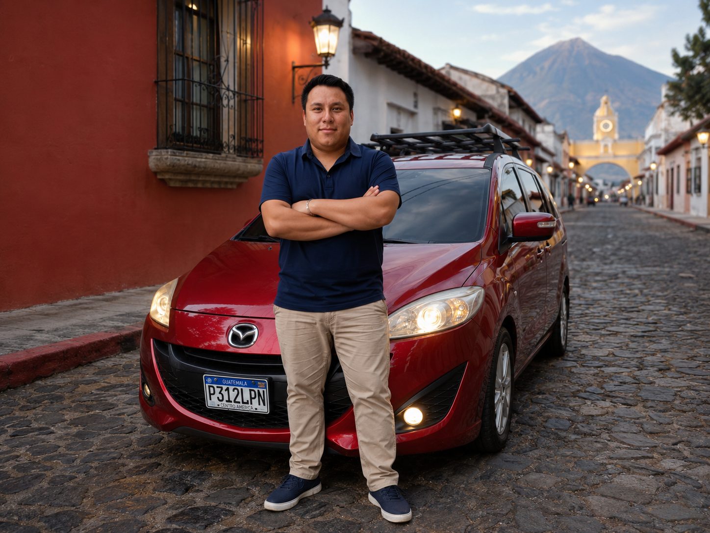 Antonio Juárez, founder of JP Tours GT, beside his red van on a cobbled street in Antigua Guatemala, with the Santa Catalina arch and Agua volcano behind
