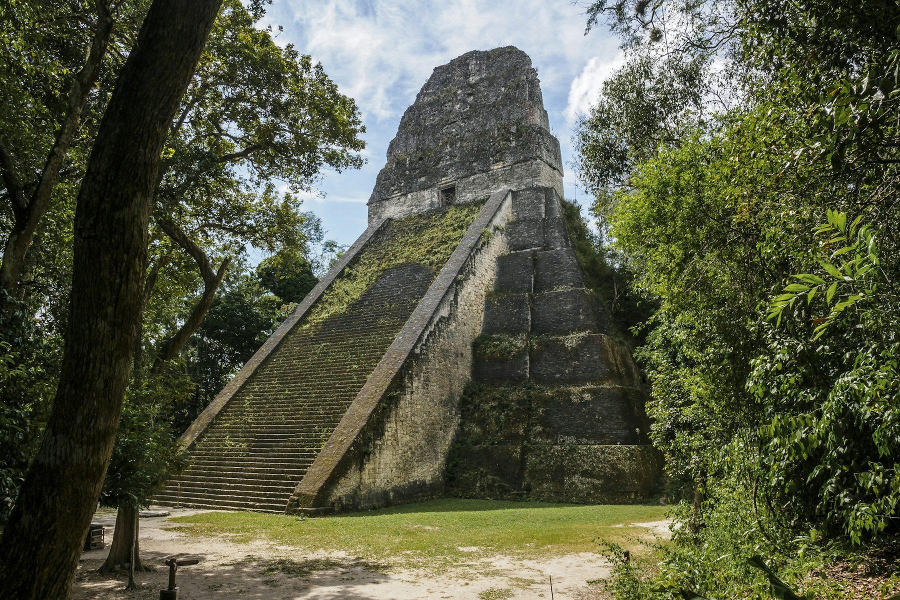 A Maya pyramid rising out of the jungle canopy at Tikal